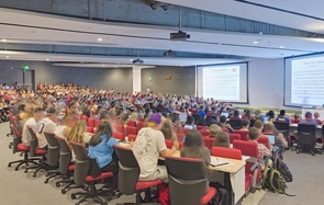 ENR2 has an open-concept floor plan and houses offices, research space, seminar rooms and a 575-seat, high-tech undergraduate auditorium with a permanently incorporated wireless assisted listening system for hearing aids. (Photo: Liam Frederick) ENR2 has an open-concept floor plan and houses offices, research space, seminar rooms and a 575-seat, high-tech undergraduate auditorium with a permanently incorporated wireless assisted listening system for hearing aids. (Photo: Liam Frederick)
